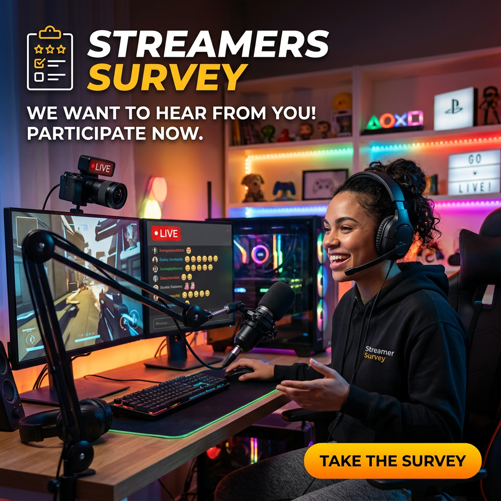 Gamer streaming live with headset, microphone, dual monitors showing gameplay and chat, colorful LED background