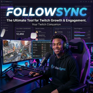 Streamer using FollowSync on dual monitors to track Twitch metrics and growth