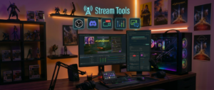 Dual monitors showing Cyberpunk 2077 gameplay and streaming software with live chat