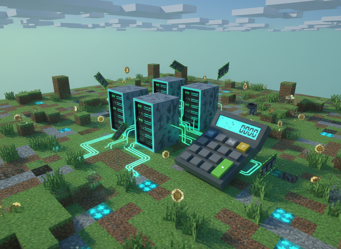 Professional editorial gaming illustration for a Minecraft server costs article: voxel-style sandbox game world, modern server racks, calculator, RAM modules, subtle coin motifs, green and cyan lighting, no logos, no readable text, 16:9 landscape.