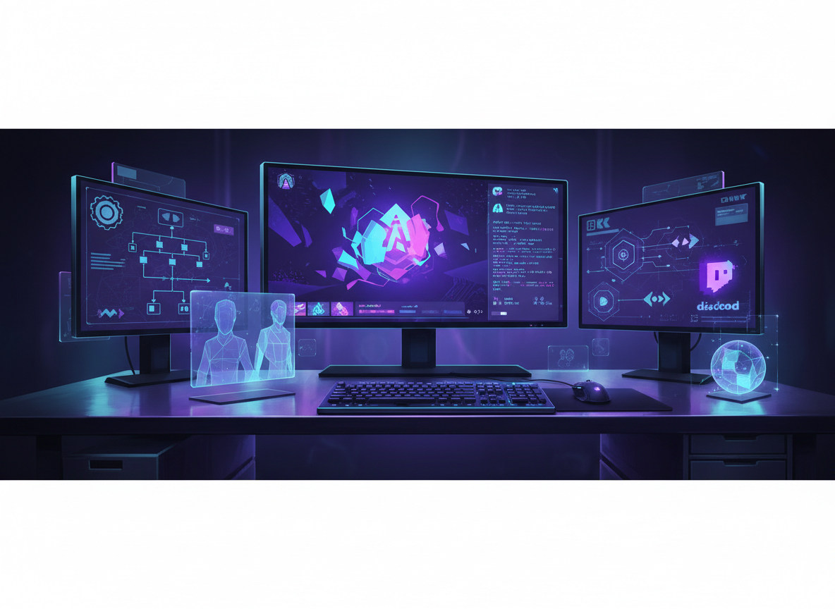 Professional editorial gaming-tech illustration for a 2026 article about Discord bots for Twitch streamers: a professional streamer desk with generic automated chat panels, bot/automation icons, live-stream interface and gaming community visuals, purple and cyan lighting, no brand logos, no readable text, 16:9 landscape.