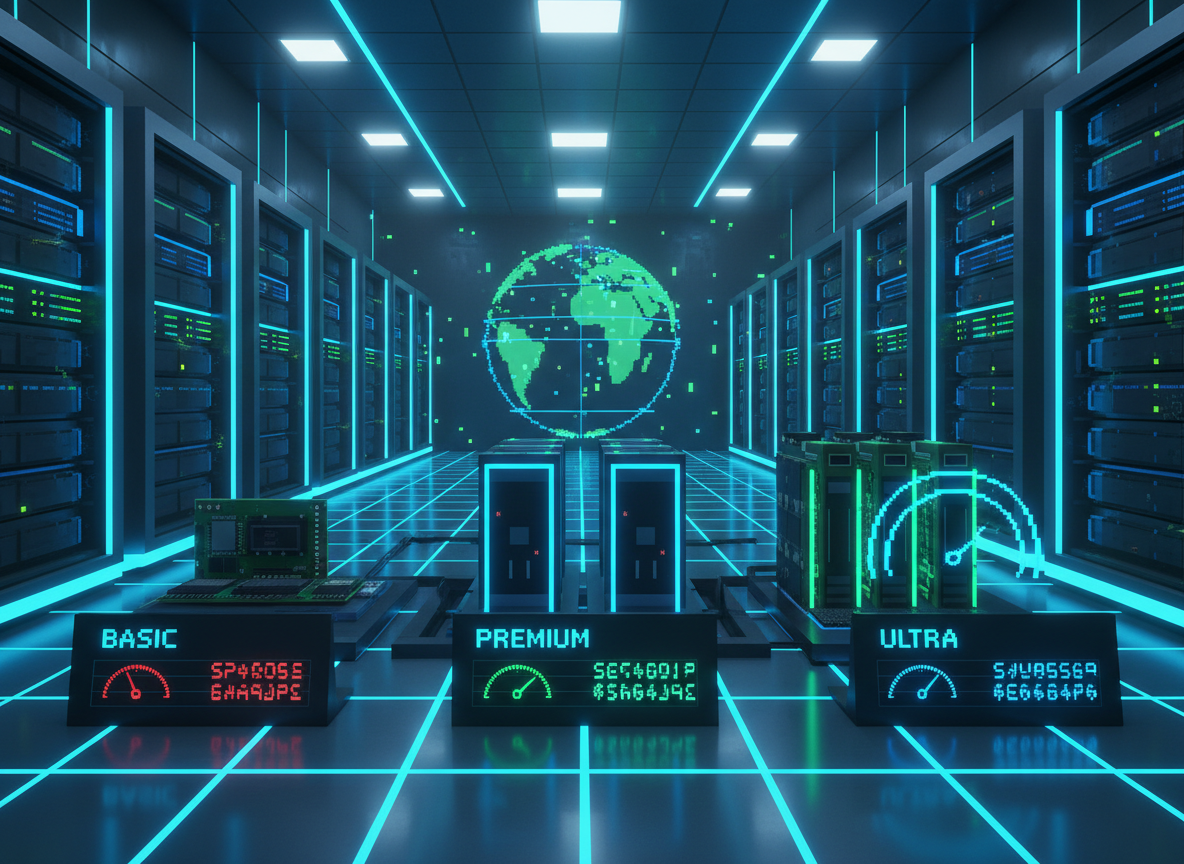 Professional editorial gaming-tech illustration for a 2026 article comparing Minecraft server hosting: a polished voxel-style game server environment with several server racks and a visual comparison concept using RAM modules, speed gauges and pricing cards, modern blue/green lighting, no logos, no readable text, 16:9 landscape.