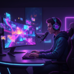 A gaming streamer with headphones and a microphone beside a monitor showing colorful chat bubbles.
