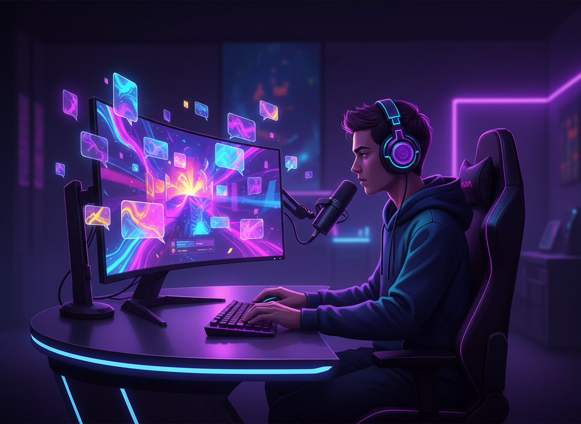 A gaming streamer with headphones and a microphone beside a monitor showing colorful chat bubbles.