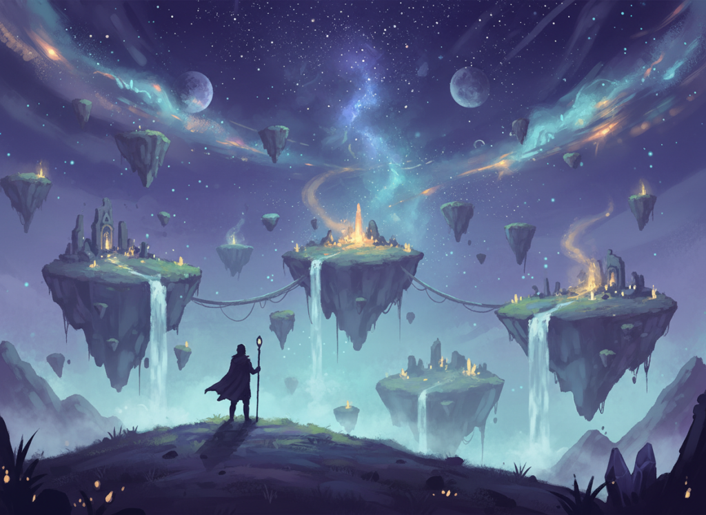 Solo adventurer exploring a fantasy world, representing free single-player games