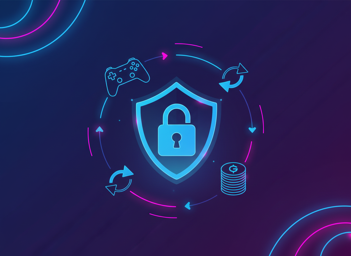 Secure online gaming marketplace transaction with padlock and trade icons
