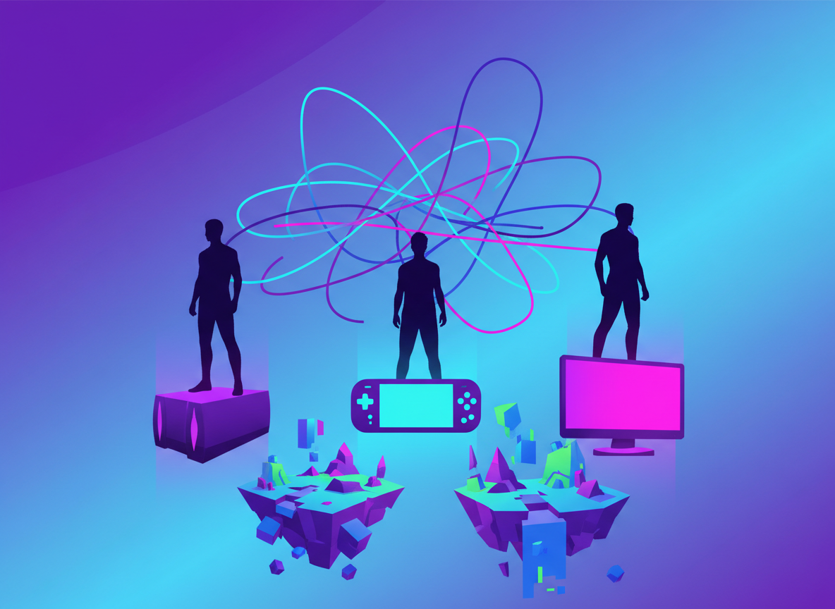 A dynamic digital illustration representing cross-platform multiplayer gaming. Three abstract silhouetted players standing together, each on a different glowing platform shape (console, handheld, and PC monitor outline), connected by glowing network lines above a shared game world. Modern vibrant gradient background in purple and cyan, no text, no logos, no real brand names or copyrighted characters.