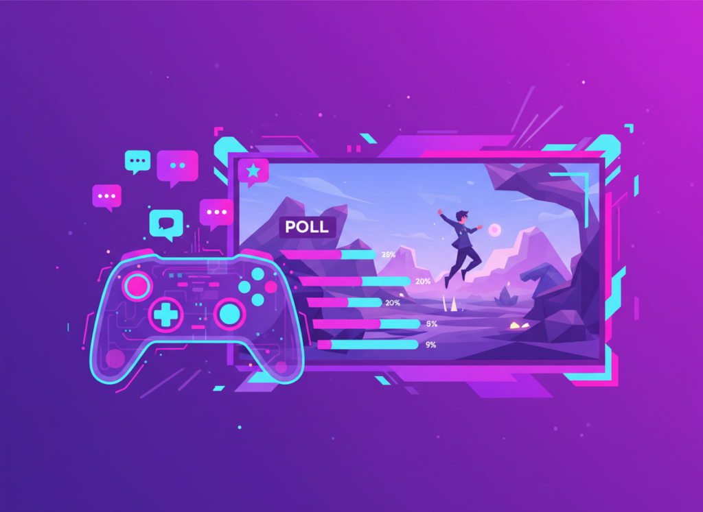 Twitch chat bubbles flowing into a game controller, representing chat-interactive streaming