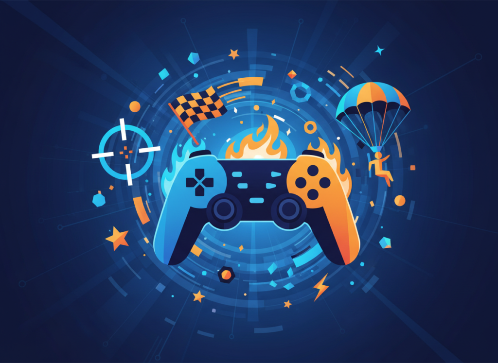 Controller glowing with icons representing free-to-play games