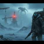 Lone scavenger crossing a snowy mountain pass at dusk toward a glowing extraction beacon, with a robotic machine in the distance