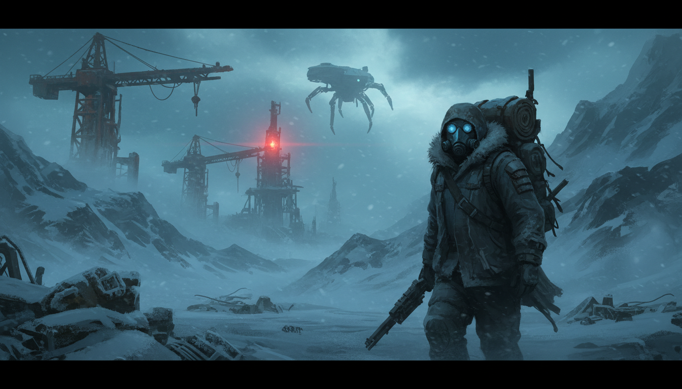 Lone scavenger crossing a snowy mountain pass at dusk toward a glowing extraction beacon, with a robotic machine in the distance