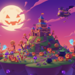 Stylized Halloween-themed battle royale island under a purple night sky with glowing pumpkins and a flying bus