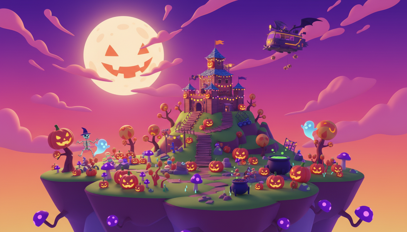 Stylized Halloween-themed battle royale island under a purple night sky with glowing pumpkins and a flying bus