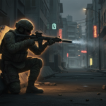 Tactical soldier crouched behind cover in a dark urban street, aiming down a corridor