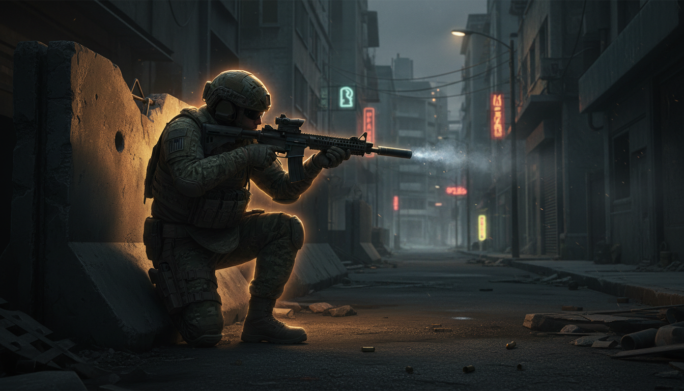 Tactical soldier crouched behind cover in a dark urban street, aiming down a corridor