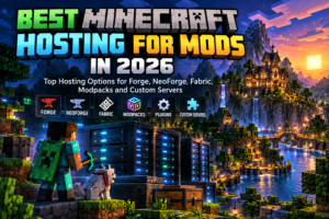 Modded Minecraft server hosting with server racks and a block-style game world