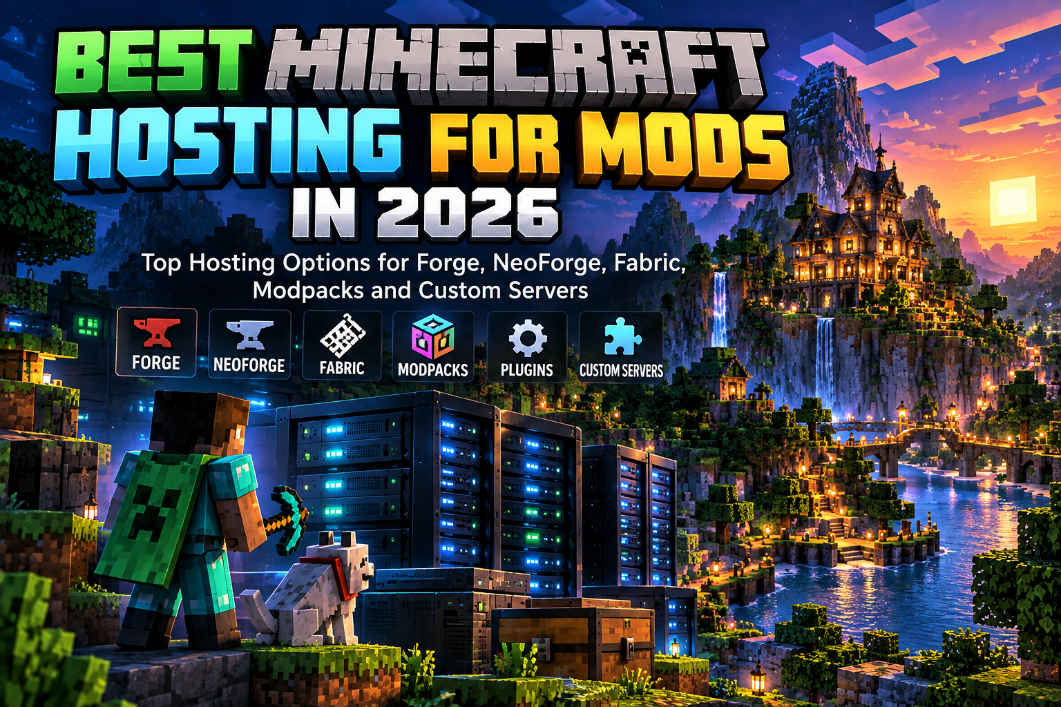 Modded Minecraft server hosting with server racks and a block-style game world