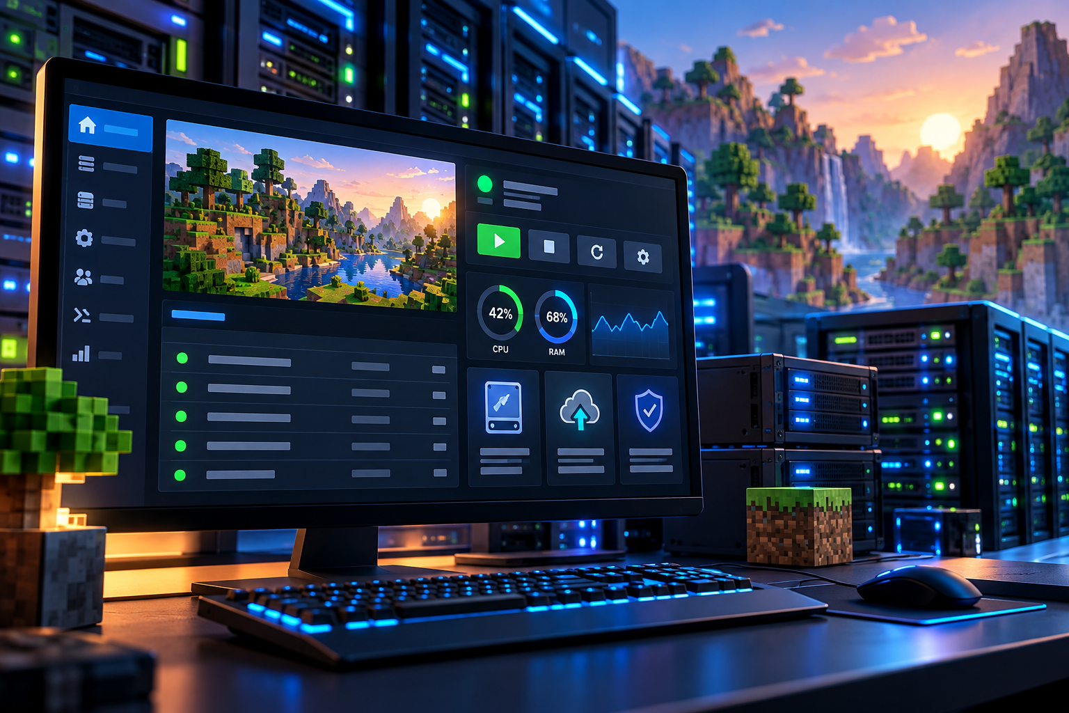Minecraft-style game server hosting dashboard with server racks and performance monitoring