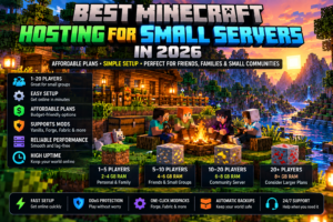 Small Minecraft server hosting illustration for friends, families, and small communities