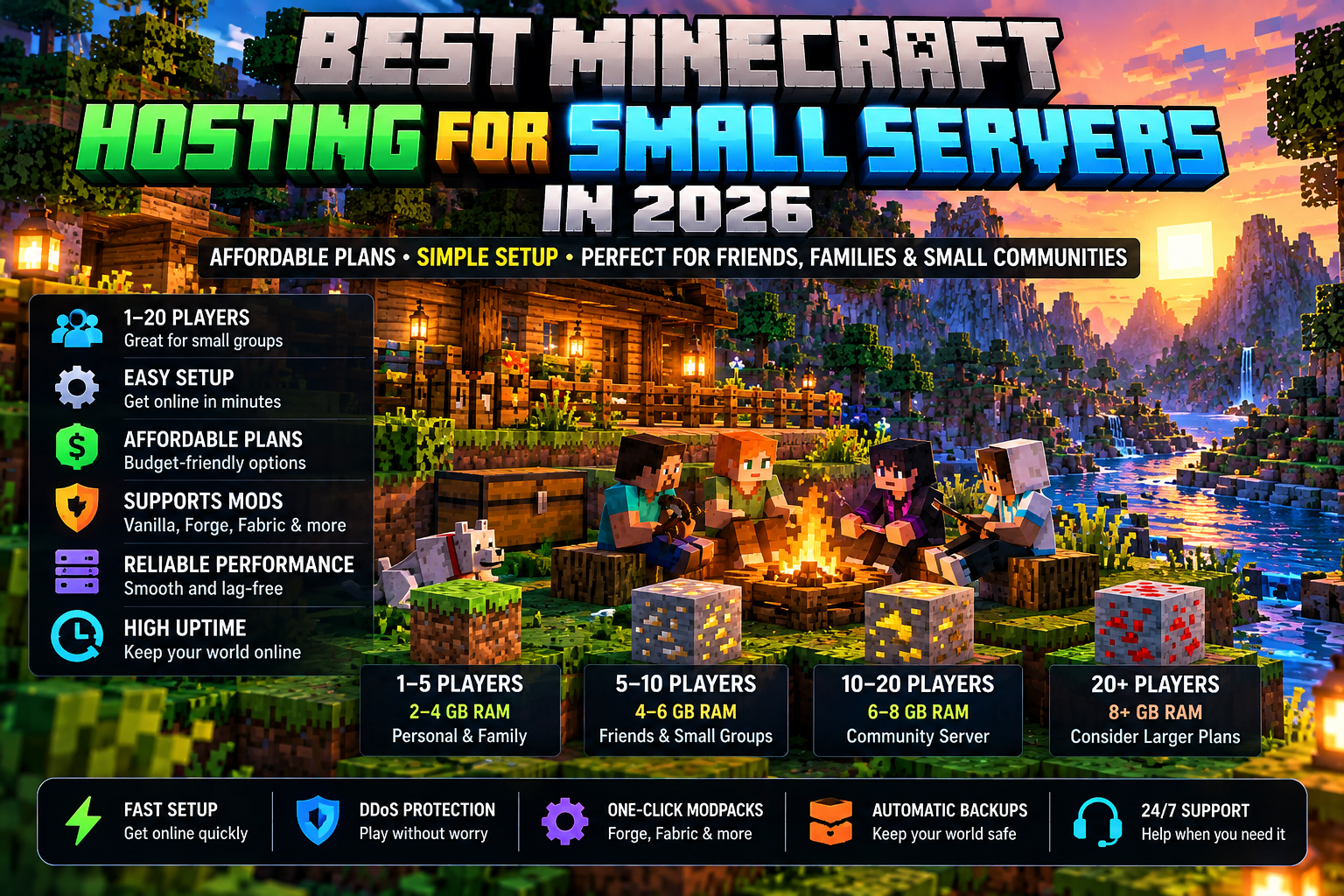 Small Minecraft server hosting illustration for friends, families, and small communities