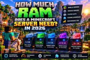Minecraft server RAM planning illustration with server hardware and block-style landscape